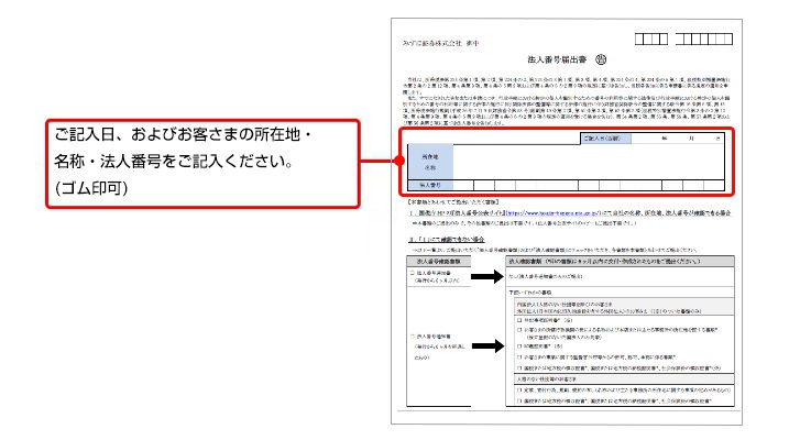 お客さまの商号（フリガナ・商号欄の両方）・代表者・本店所在地をかい書でご記入ください。（ゴム印可）