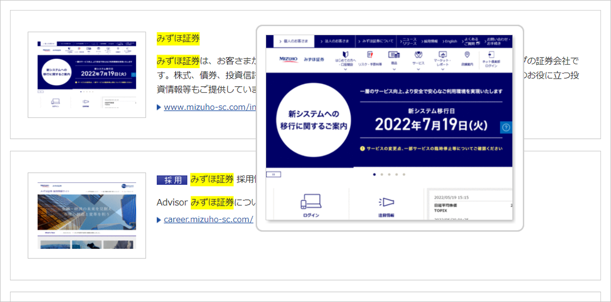 検索結果の画像表示の画面キャプチャ