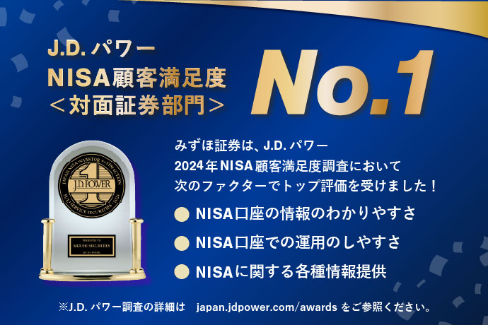 J.D.パワー NISA顧客満足度<対面証券部門>No.1 みずほ証券は、J.D.パワー2024年NISA顧客満足度調査において次のファクターでトップ評価を受けました！ NISA口座の情報のわかりやすさ（運用実績、投資限度額など） NISA口座での運用のしやすさ（売買・積立商品の変更など） NISAに関する各種情報提供（パンフレット、リーフレット、Webでの情報提供など） ※J.D.パワー調査の詳細はJapan.jdpower.com/awardsをご参照ください。